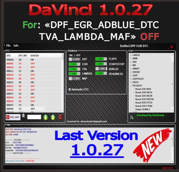 DAVINCI 1.0.27 DPF EGR DTC ADBLUE OFF