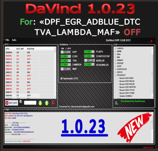 DAVINCI 1.0.23 DPF EGR DTC ADBLUE OFF