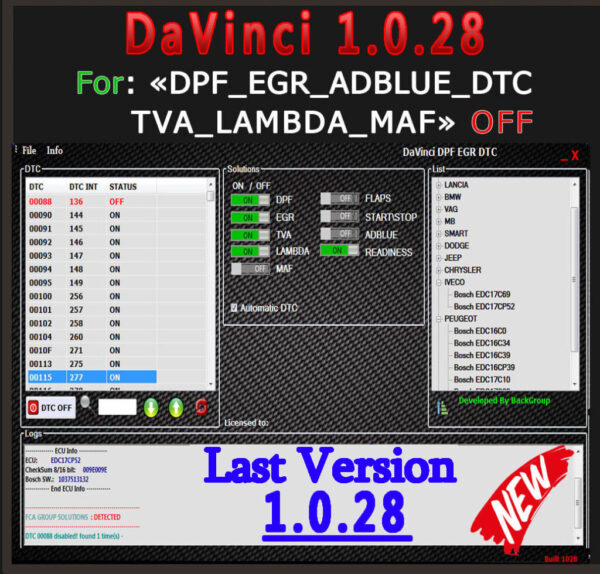 DAVINCI 1.0.28 LAST VERSION  DPF EGR DTC ADBLUE OFF